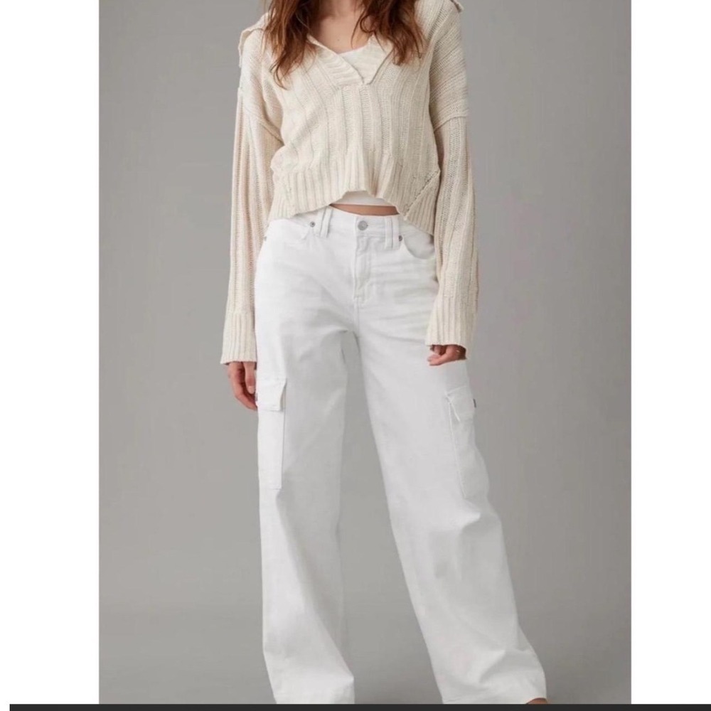 NWT American Eagle Super High-Rise Baggy Wide Leg Cargo Pants White 16 Long